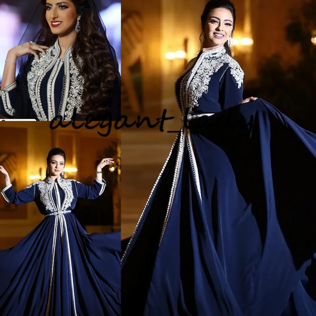 Navy Blue Kaftan Caftan Moroccan Evening Formal Dresses 2021 Lace Embroidery Long Sleeve Muslim Arabic Prom Fashion Dress