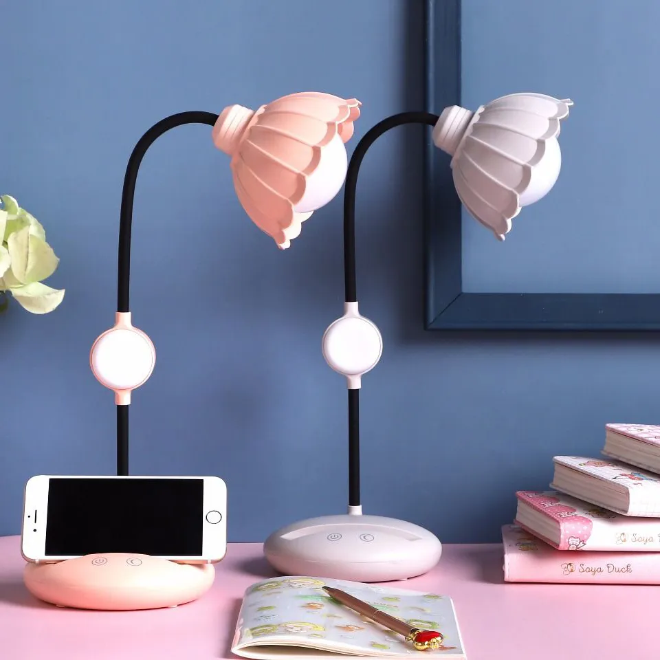 grey-white pink blue led lights source Lamps flower shape touch work study table lamp with three level dimming