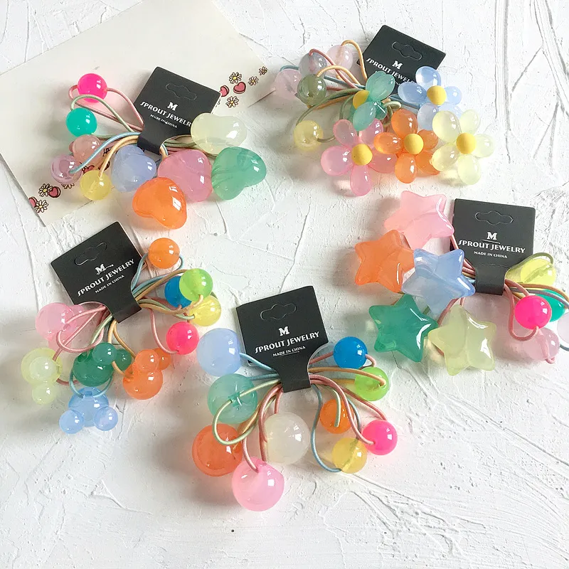 5 pièces/ensemble doux mignon acrylique bonbons couleurs gelée coeur petites fleurs enfants élastique pour fille mode cheveux accessoires