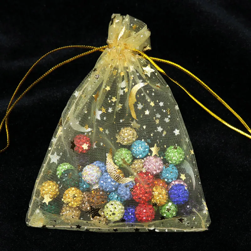 Lot De 200 Sacs En Organza Motif Lune Et étoiles - 7x9 Cm, Avec Cordon De Serrage, Pour Emballer Bijoux, Bonbons Ou Cadeaux De Mariage, Noël