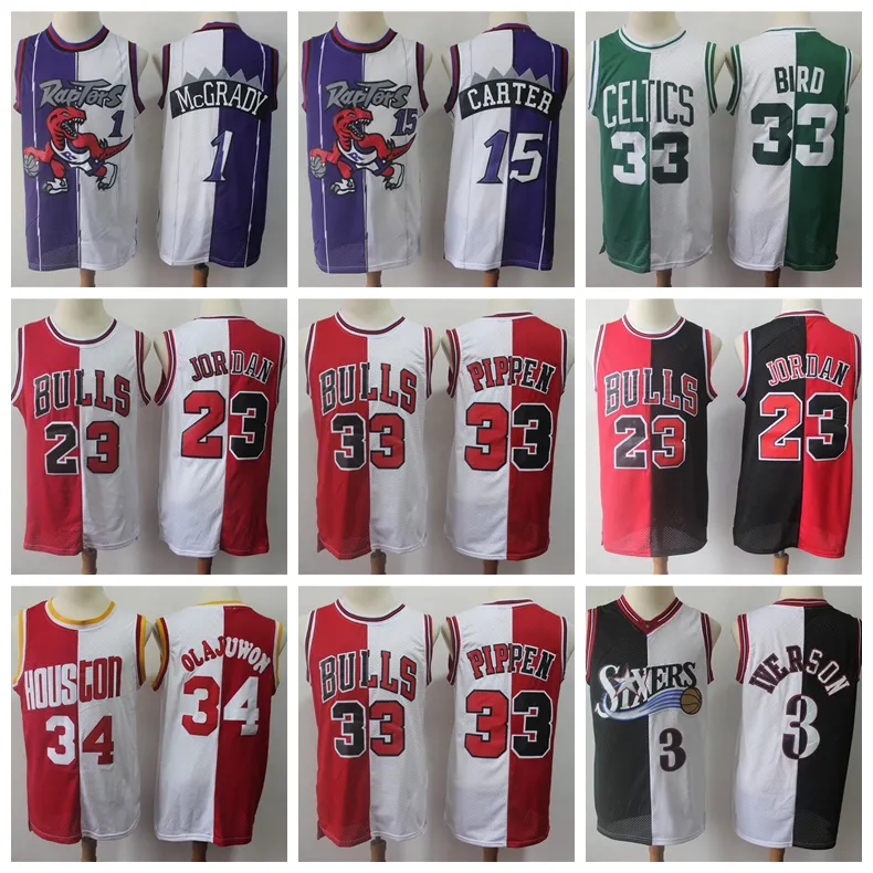 Split Twee Kleuren Basketbal Jersey Allen Iverson Pippen Hakeem Olajuwon Tracy McGrady Vince Carter Larry Rood Zwart