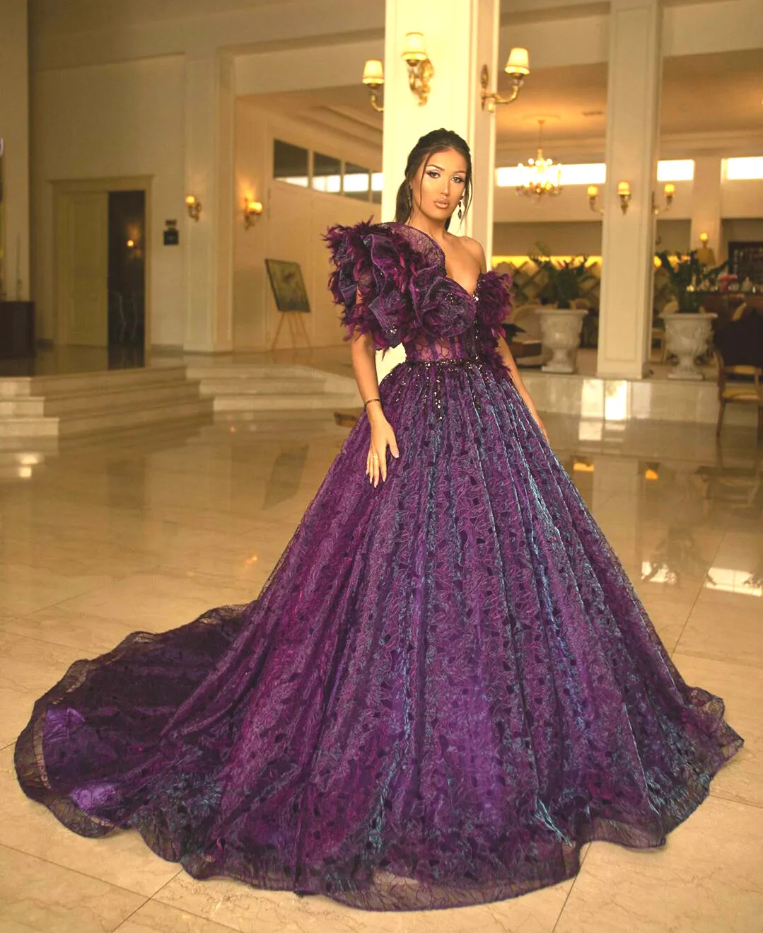 formal ankara dresses Elegant Purple Green Beaded Sequin Evening Dress with Cape SS511 – DreamyVow main image 0