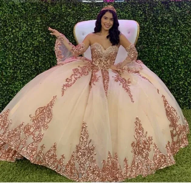 Gül Altın Sparkly Quinceanera Prom Elbiseler 2020 Modern Sweetheart Dantel Aplike Sequins Balo Embow Tül Vintage Akşam Partisi Swee1869