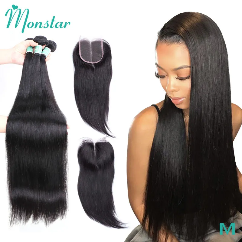 Monstar 30 32 34 36 38 40 inch Brazilian Hair Weave Bundles with Closure Straight Hair Bundles with Closure Human Hair Extension