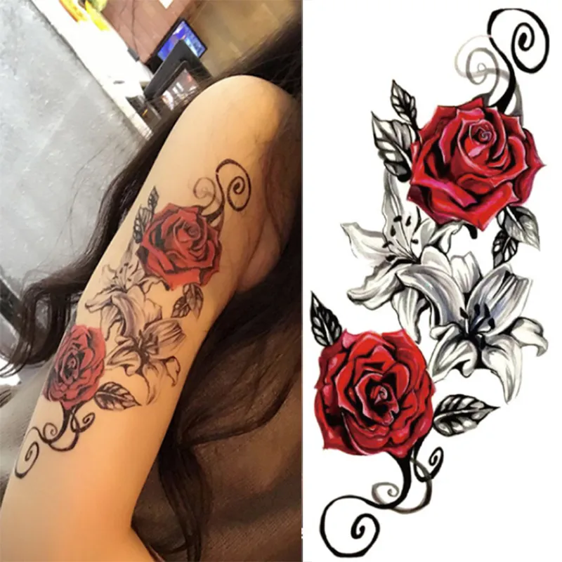 Aquarell coole Henna Rosenblüten Temporäres Körper Tattoo Schöne Schulter Oberschenkel Rücken Körper Dekor Spitze Eule Frauen Körperbemalung