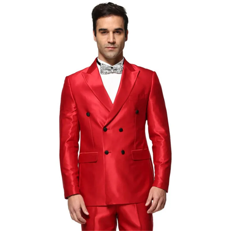 Esmoquin de novio rojo a la moda con doble botonadura, padrinos de boda populares, esmoquin de boda, chaqueta Formal para hombre, traje de chaqueta de graduación (chaqueta + Pantalones + corbata) 622