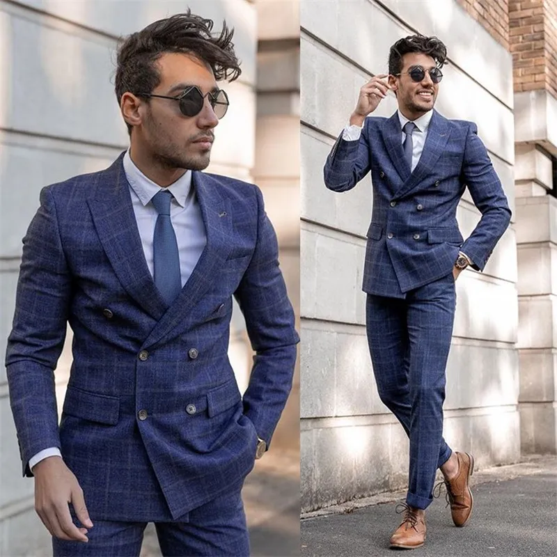 Traje de 2 piezas de mezcla de lana azul a cuadros para hombre, traje de novio para caballero, trajes formales de boda para los mejores hombres, esmoquin ajustado para novio para hombre