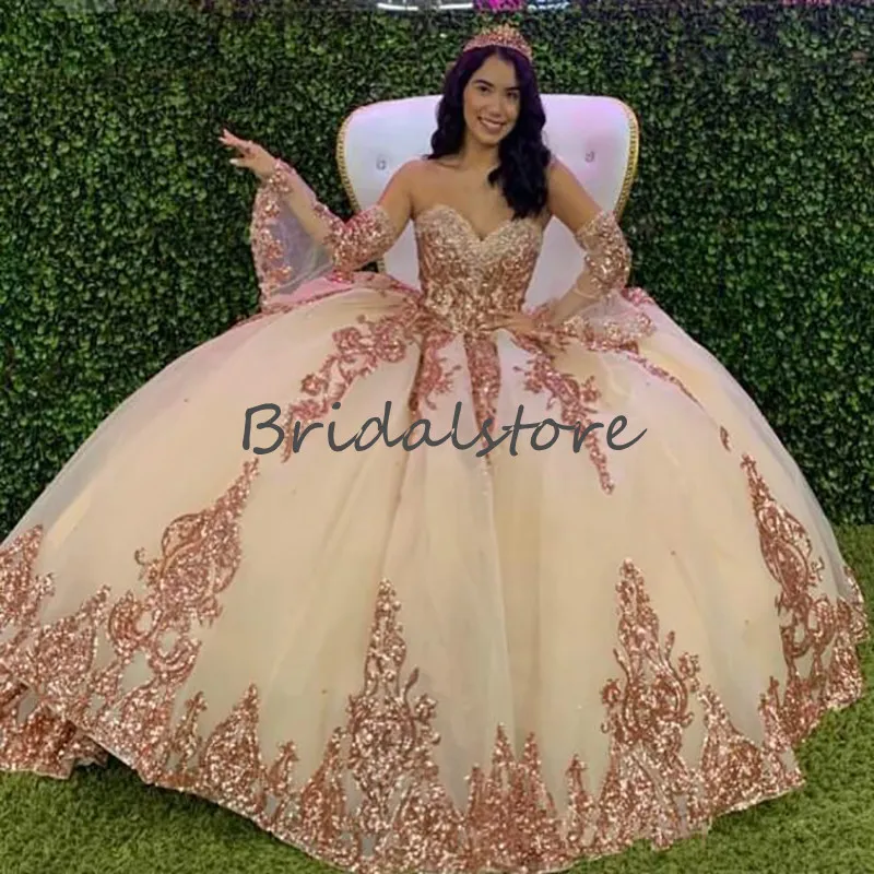 روز خمر الذهب Quinceanera فساتين بأكمام الكرة بثوب Sweeetheart منتفخ فساتين حفلة موسيقية 2020 الأميرة الترتر يزين الحلو 16 اللباس