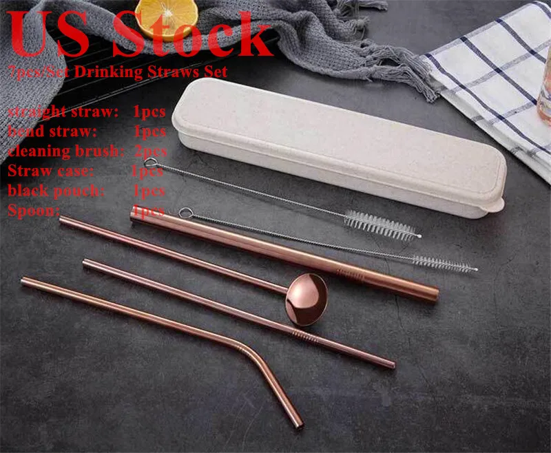 US Stock Stainless Steel Straw Set 7pcs Drinking Straws Portable telescopic Reusable Drinking Straw Set Straight Bent Straw DHL Shipping