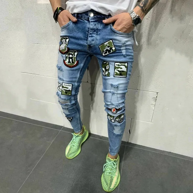 Jeans da uomo Kenntrice S Patchwork stampato Design alla moda Pantaloni lunghi da uomo in denim con ricamo invecchiato strappato Taglie forti