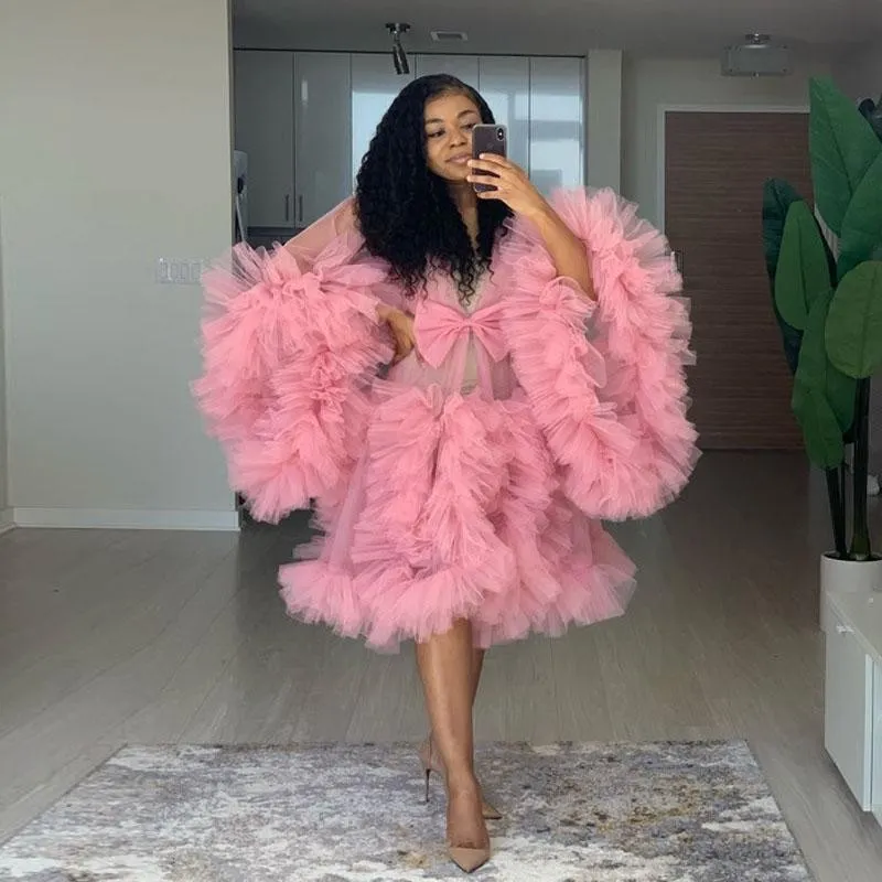 Dusty Pink Ruffles Party Dress Tulle Long Sleeve Women Sexy Kimono Pregnant Evening Sleepwear Women Bathrobe Sheer Nightgown Robe Shawel