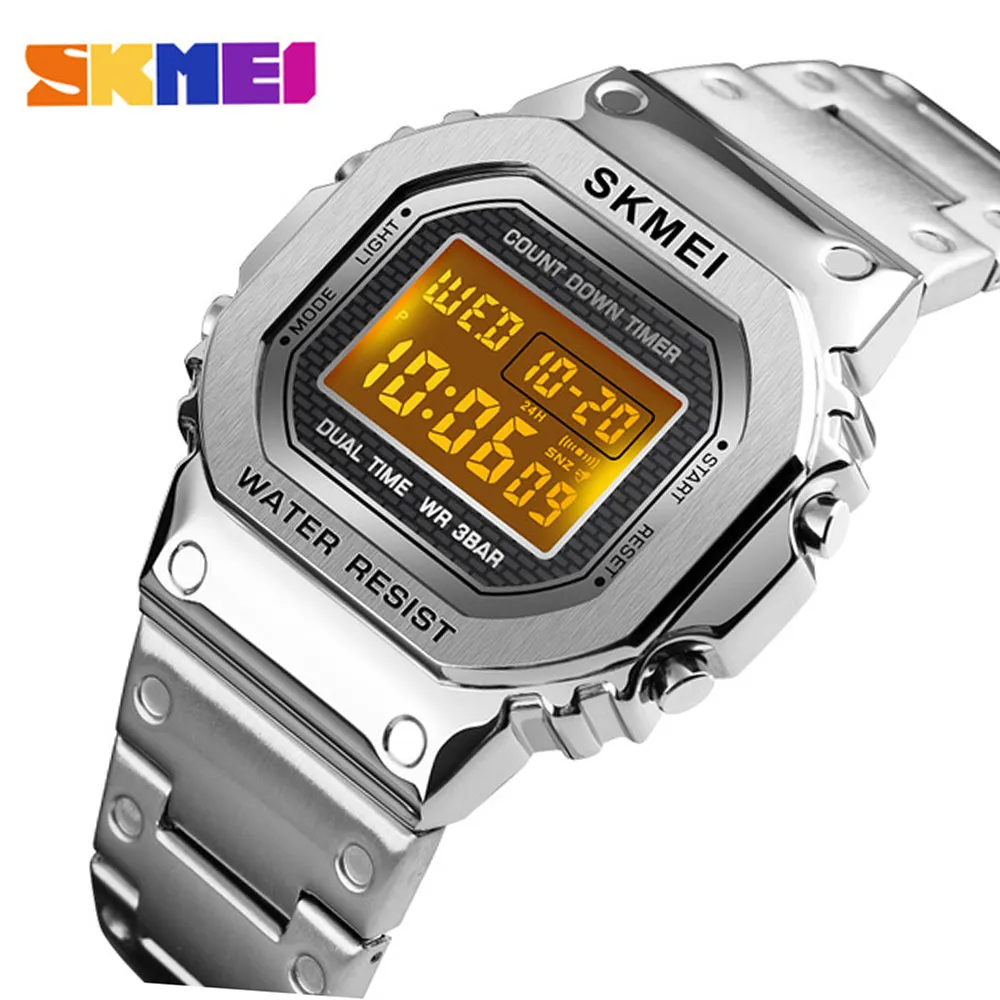 Schnelles Schiff Skmei 1456 Herren Digitaluhr Edelstahl Chronograph Countdown Armbanduhr Shock LED Sprot Uhr Skmei Montre Homm CX200804