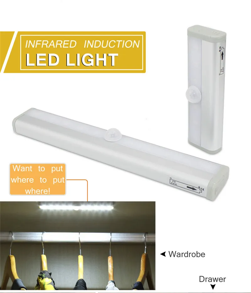 6/10 LEDs PIR Motion Sensor Luces Armario Armario Lámpara Lámpara LED bajo Gabinete Noche Luz para Armarios Escaleras Cocina