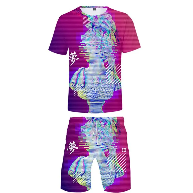 Tracksuits Masculinos Vaporwave 3D Impresso Dois Pedaço Conjunto de Moda Verão Manga Curta T-shirts + Shorts de praia 2021 Casual Streetwear Roupas