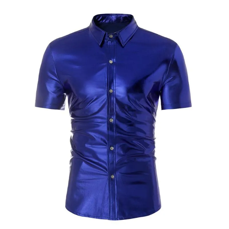 Mäns Casual Shirts Mens Royal Blue Coated Metallic Stage Dance Prom Night Club Wear Male Short Sleeve Slim Fit Elastic