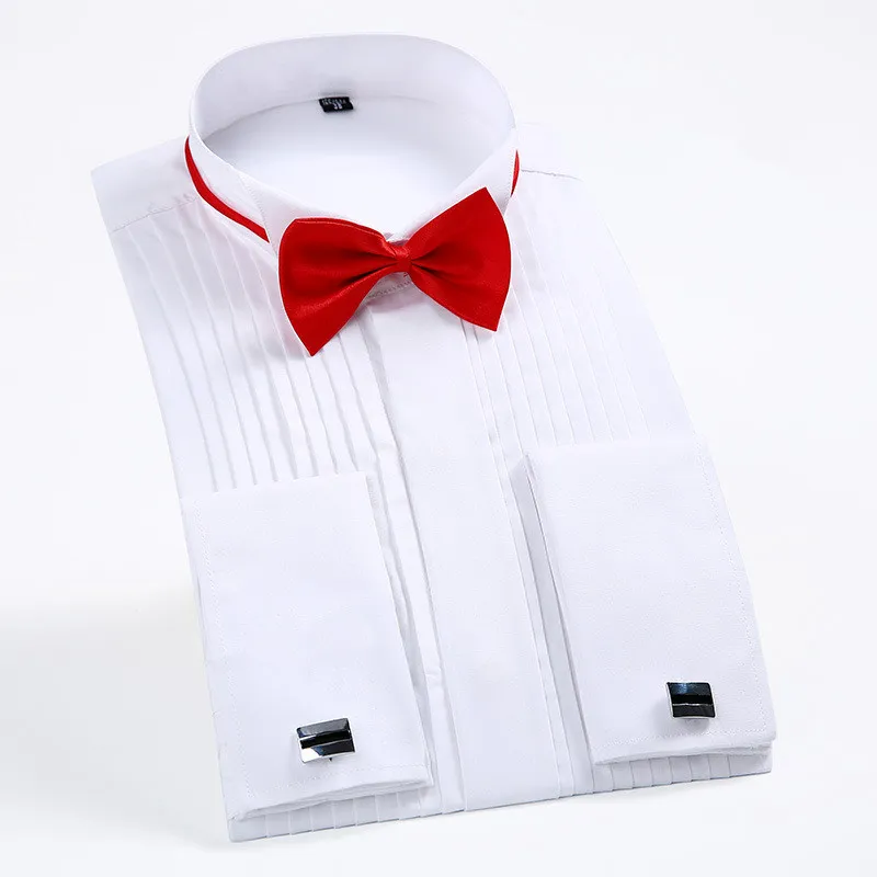 Chemises habillées pour hommes smoking avec poignets français et noeud papillon 1/4 "plis à manches longues blanc mariage Cocktail bal soirée chemise de soirée