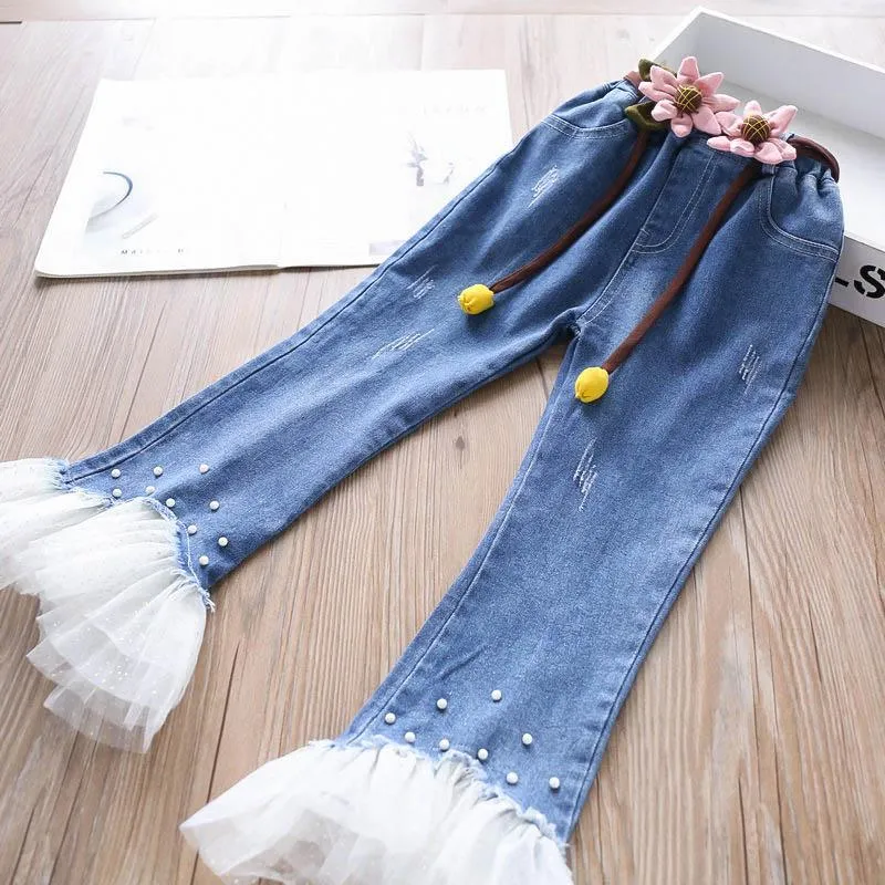 2020 nuovi arrivati pizzo ragazze Jeans perla jeans per bambini cinture di fiori pantaloni per ragazze moda denim pantaloni per bambini vestiti per ragazze