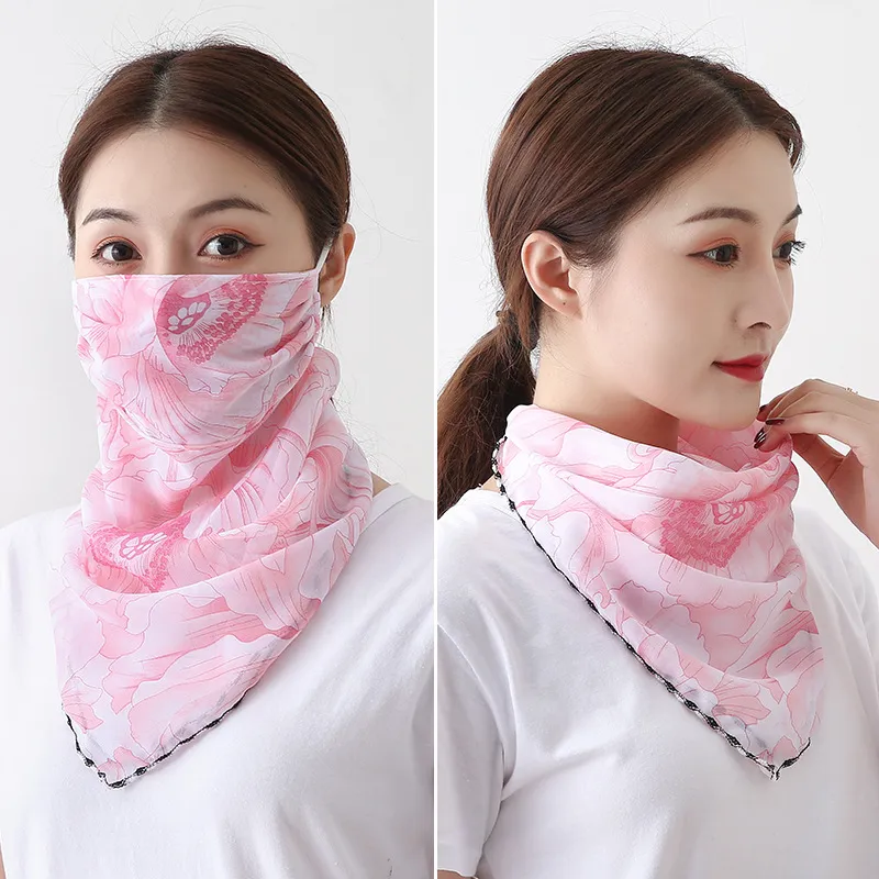 Women Silk Scarves Pareo Sarong Sunscreen Wraps Summer Floral Face Mouth Mask Turban Beach Driving Scarf Sea Chiffon Neckchief