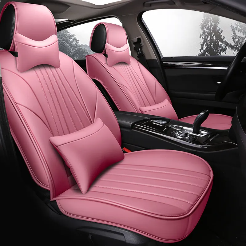 Universal Fit volle lederen autostoelhoes airbag compatibel voor de meeste auto sedan SUV of BMW Mercedes-Benz Mazda Protective Cushion Pink