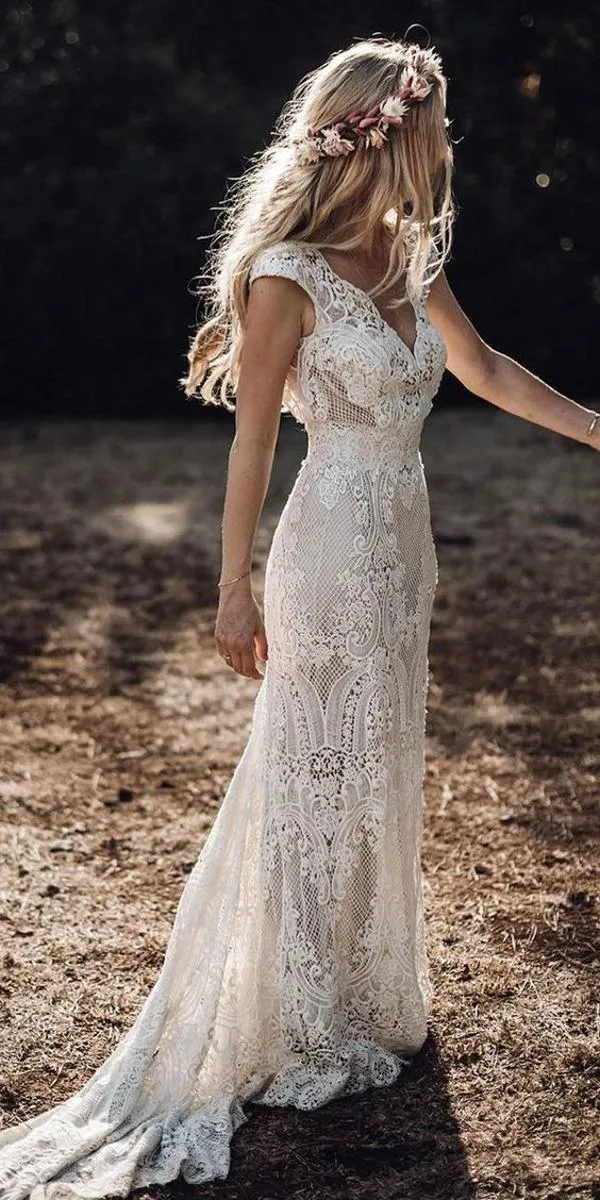 Voile Pays Boho Dentelle Robes De Mariée Gaine Col En V Mancherons 2020 Bohème Robes De Mariée Balayage Train Dos Nu Robe De Mar273d