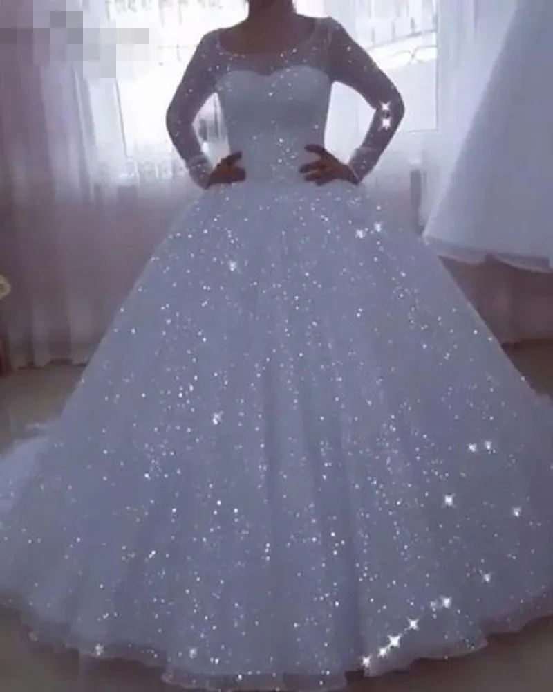 눈부신 Vestido De Noiva 스파클 웨딩 드레스 2020 볼 가운 긴 소매 플러스 사이즈 공주 신부 가운 여성용 Robe De Mariee