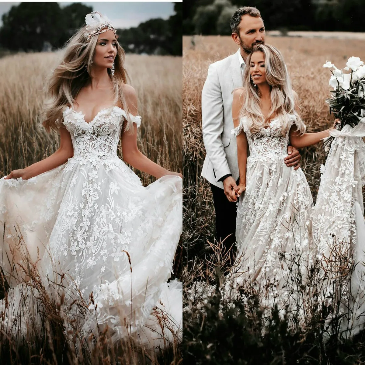 Off Shoulder Wedding Dresses Country Style A Line Bridal Gowns Plus Size 4 6 8 10 12 14 16 18 20