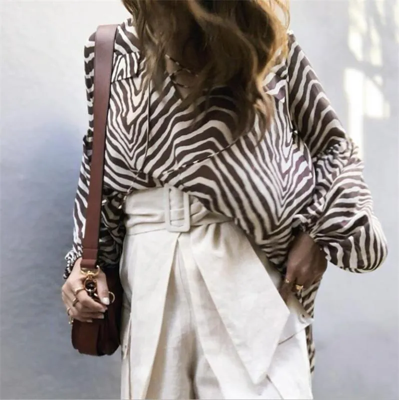 Womens Zebra Stripe Bell Satellite Tv Blouse With Elegant V Womens Zebra Stripe Bell Satellite Tv Blouse With Elegant V
