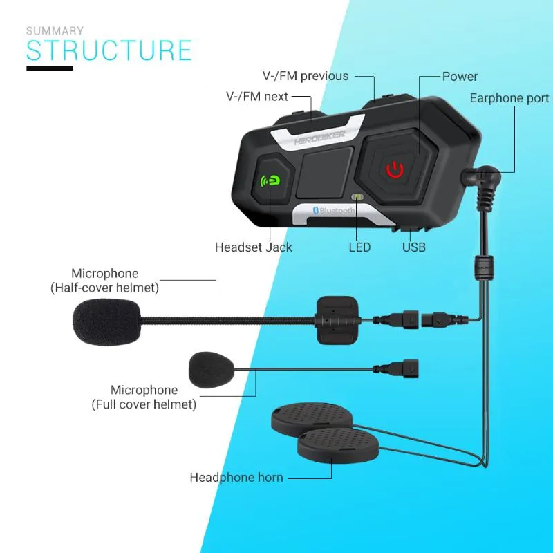 Herobiker Motorcycle Intercom Waterfroof BluetoothヘルメットヘルメットヘルメットスピーカーMoto Headset Wireless Intercomunicador 1200M1298S