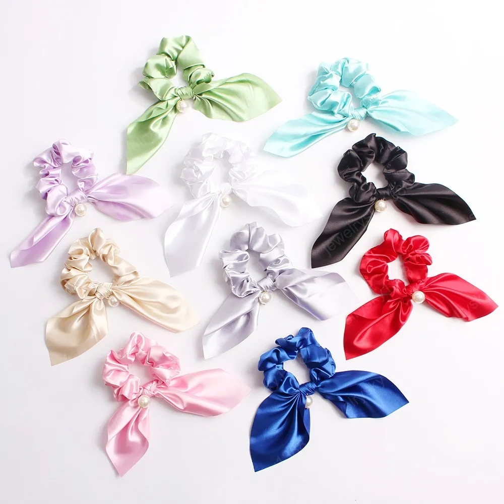 Fashion Fabric Hair Band Satin Solid Color Hanging Pearl Rabbit Ear Big Intestine Stretchy Hair Band Women Hair Accessories