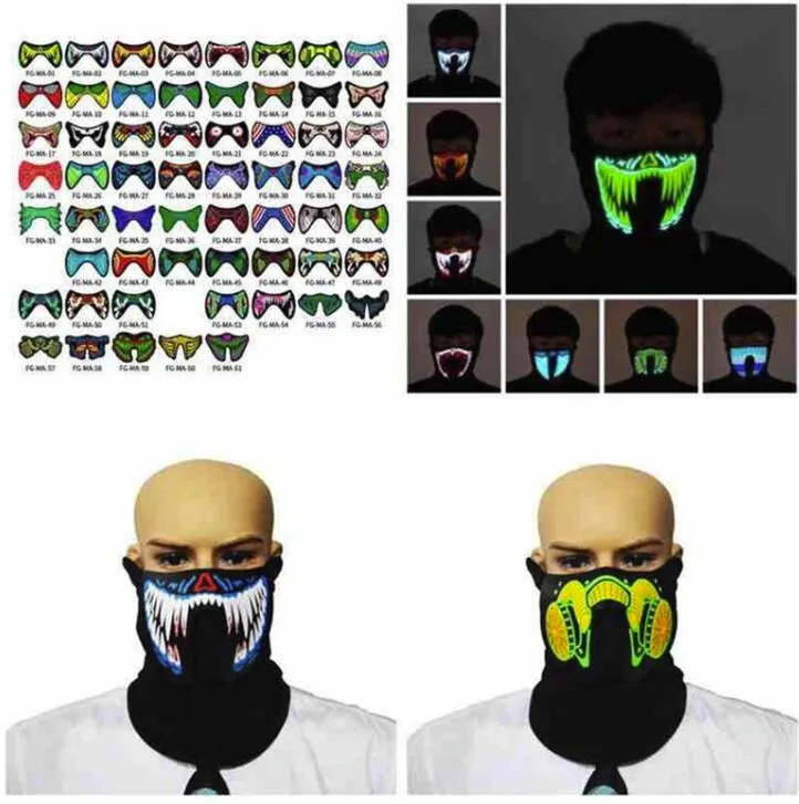 Amerikaanse voorraad 69 stijlen Flash LED Muziekmasker Met Geluid Actief Voor Dansen Party Voice Control Masker Party Halloween Maskers FY0063