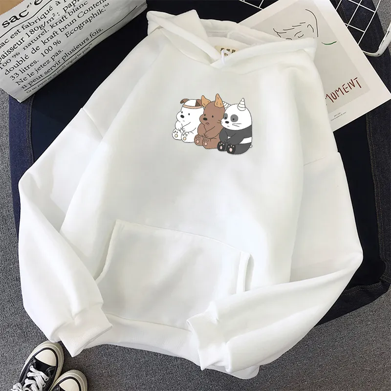Winter Kpop Women Harajuku Sweatshirts Bears Printed Hoodie Pocket