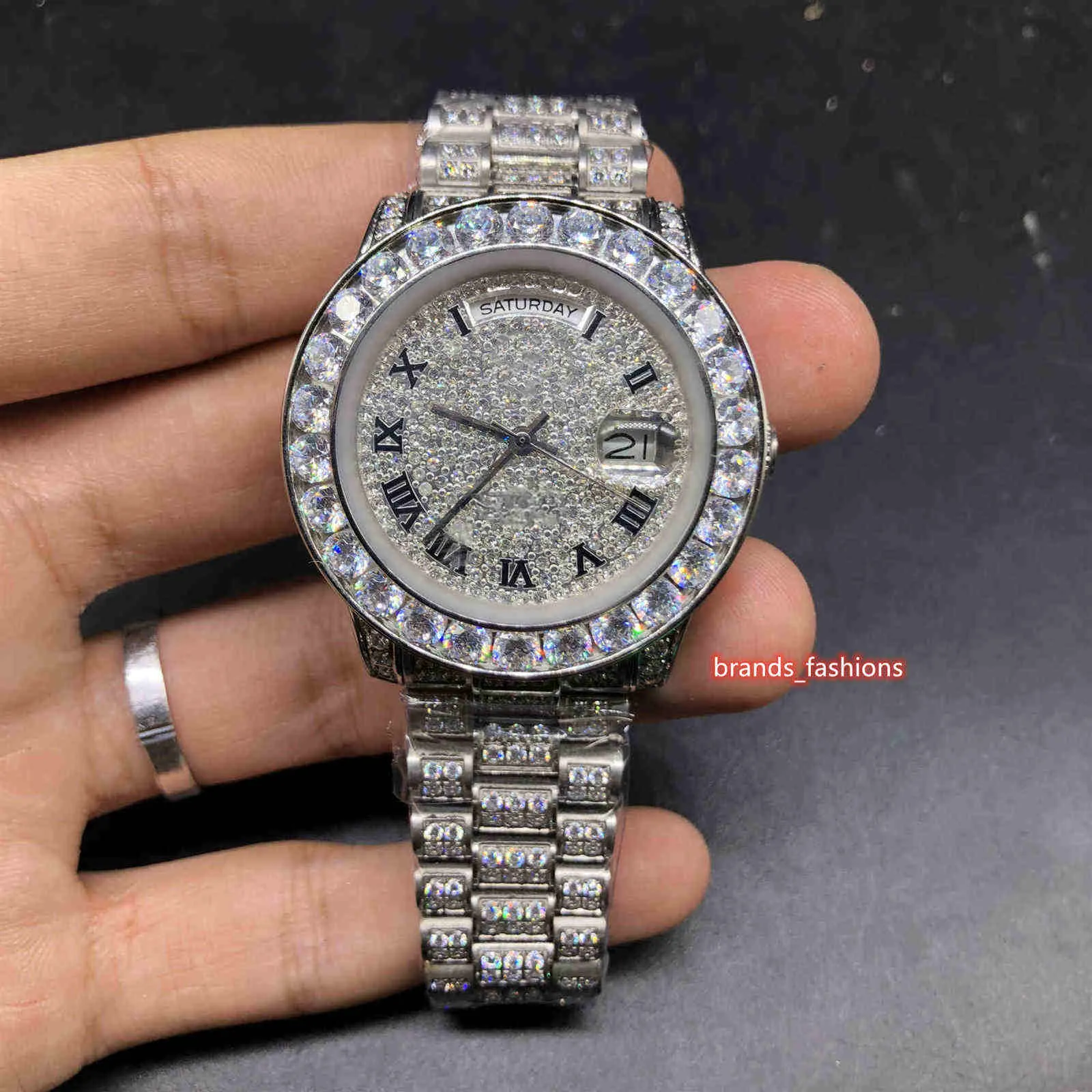 Hot Selling Men's Iced Diamond Watch Silver Stainless Steel Diamond Watch Diamond Face Automatic Mechanical Hip Hop Watches