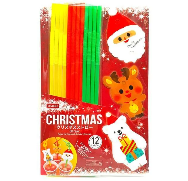 Christmas Plastic Drinking Straws Santa Claus Polar Bear Elk Pattern Straws for Christmas Decoration Party Supplies