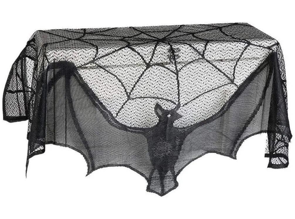 Halloween Tenda di pizzo nero Camino Panno Pizzo nero Pipistrello Ragno Copertura in rete Stufa Tovaglia Tenda Decorazione domestica Panno per cantina