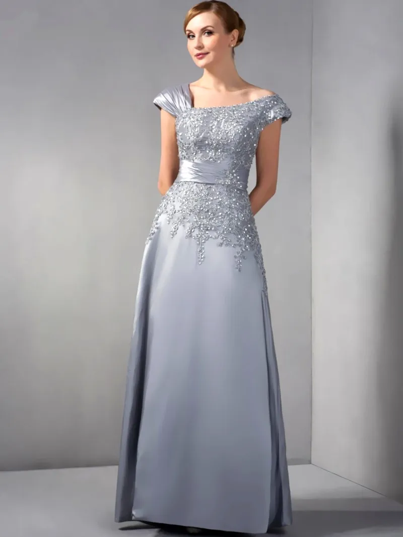 Gray Chiffon Lace Mother Of The Bride Dresses A-line Cap Sleeves Beaded Long Elegant Groom Mother Dresses For Wedding Evening Dress