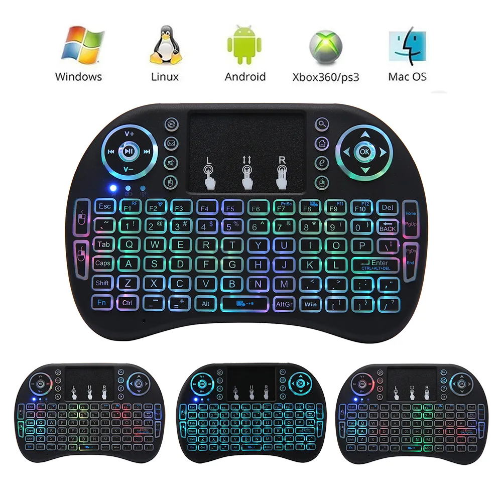 Tastiera Air Mouse con retroilluminazione colorata 2.4G Tastiere Wireless Air Mouse Touchpad Mini RII I8 Telecomando per Android TV Box Mini PC