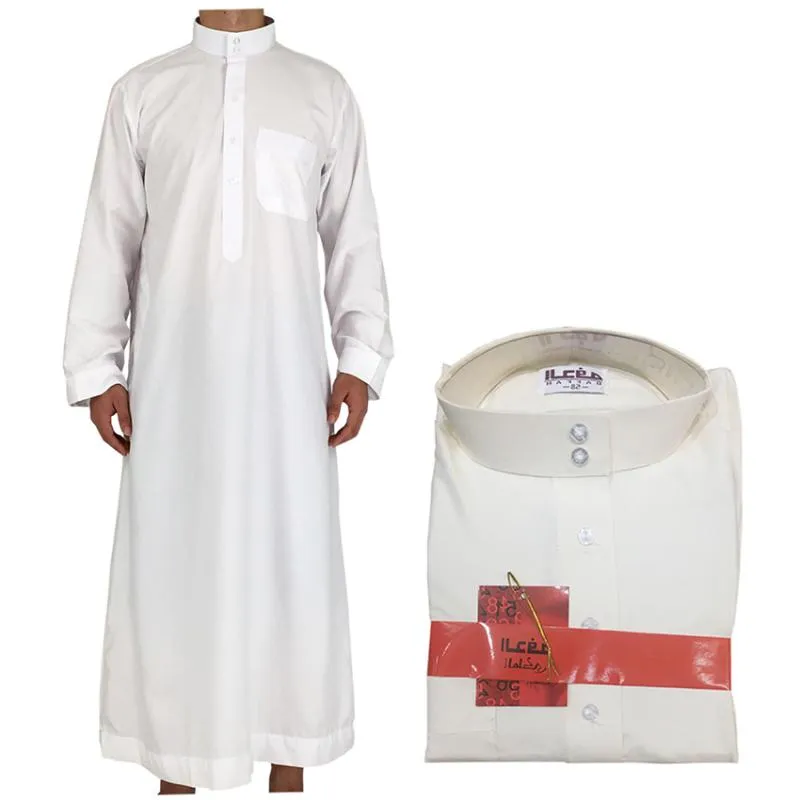 Roupa masculina islâmica de manga comprida branca Jubba Thobe Abaya Dubai Arábia Saudita Tradicional Ramadã Eid Árabe Robes301c