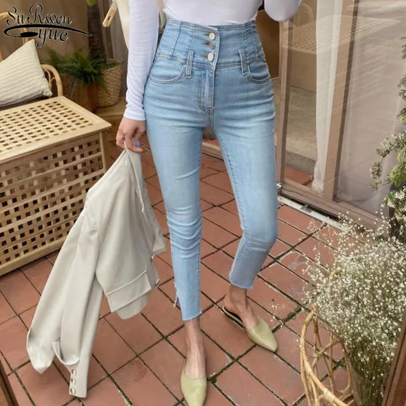 Calças de brim das mulheres Denim Calças Skinny Calças Pantalon 2021 Cintura alta Single-breasted Lady Lápis Streetwear 10411