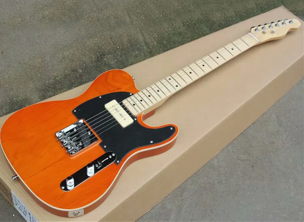 Guitarra eléctrica de fresno marrón, venta al por mayor de fábrica, con pastillas P 90, golpeador negro, diapasón de arce, se puede personalizar