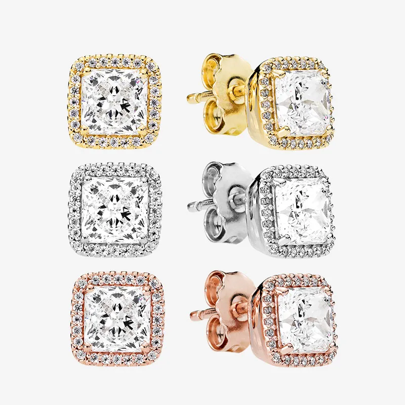 DHgate Pandora Style Sparkling Halo Stud Earrings Rose Gold and Yellow Gold Plated Cubic Zirconia Diamond Jewelry for 925 Sterling Silver Earring with Original Box Jewelry