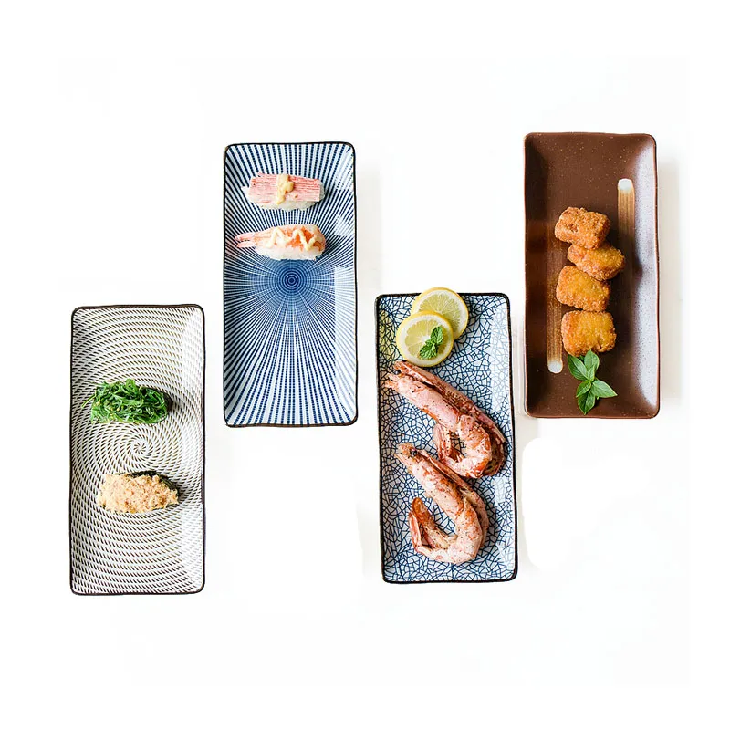 Assiettes à sushi rectangulaires traditionnelles japonaises Zen de 10 pouces, plats de poisson ovales de 12 pouces, plateau de service, vaisselle en céramique, quatre motifs assortis