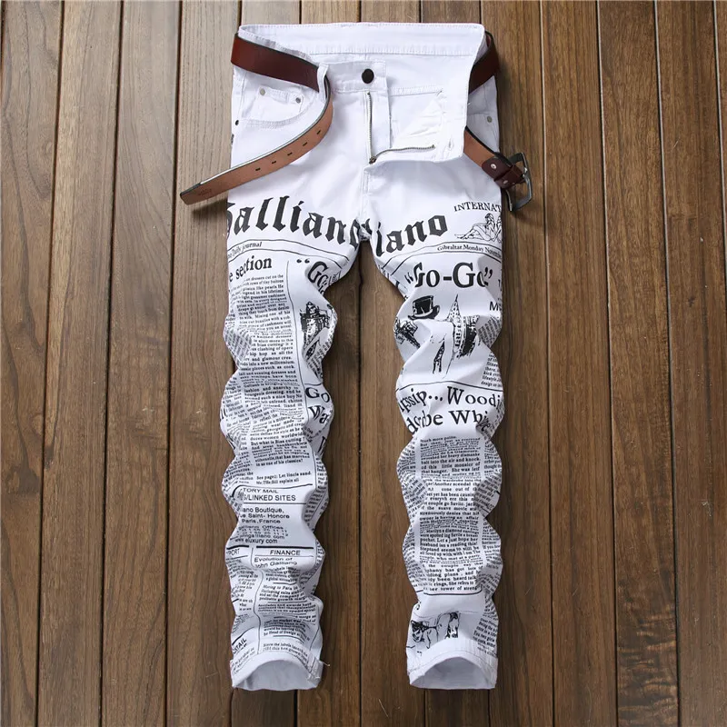 Men Autumn Hip Hop Jeans Denim Pants Classic Newspaper Letter Printed Casual Slim Cowboys Trousers Man Young Fashion White