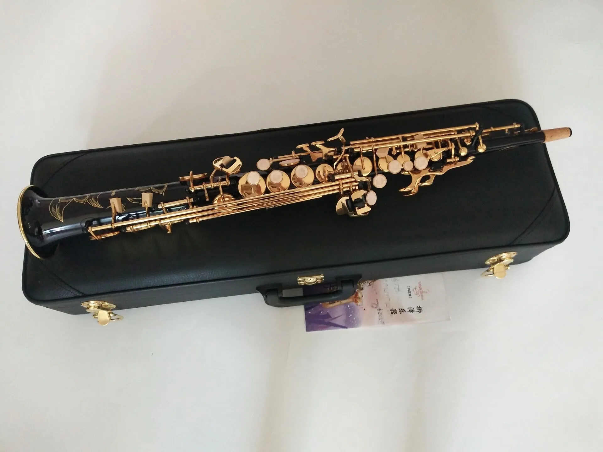 Novo saxofone soprano preto reto S-901 B Tune instrumentos musicais lacados dourados de qualidade profissional grátis com bocal