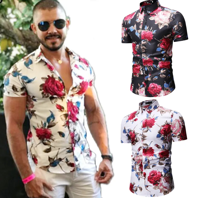 2020 New Mens Slim fit Flower Printed Shirts Male Short Sleeve Floral Shirt Men Basic Tops Casual Shirt Plus Size Mens Clothing