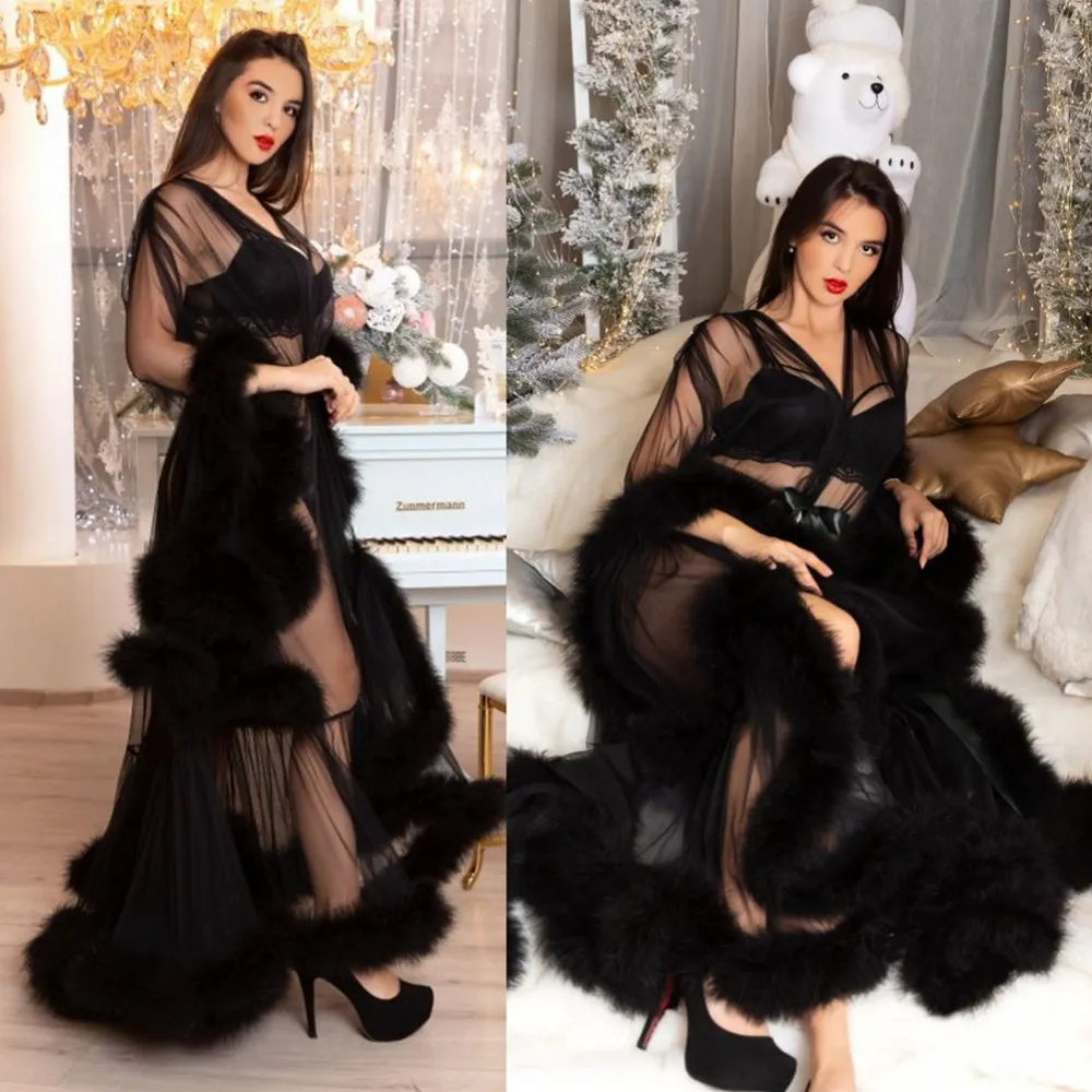 2021 Black Womens Okładki Sexy Faux Futro Lady Pleasweear Kobiety Winter Bathrobe Sheer Nightgown Floor Długość Robe Druhna Shawel