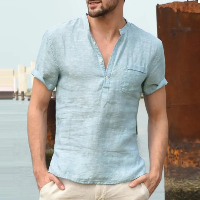 Linen Shirts Men 2020 Summer Short Sleeve Henley Shirt Chemise Homme Loose Button Shirt Breathable Solid Male Shirts with Pocket2860