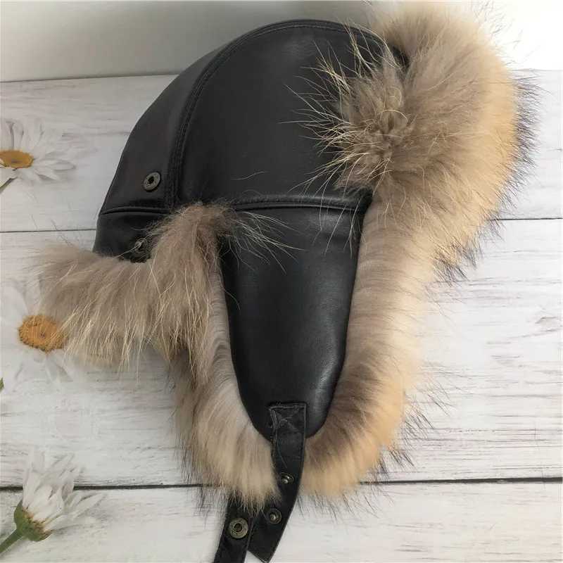 thumbnail image 2 of Men's Winter Raccoon Fur Trapper Hat - Russian Ushanka With Earflaps - Faux Leather & Faux Fur - Black 2 of 5