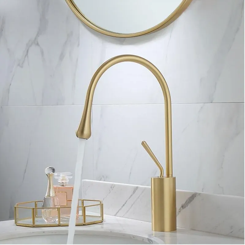 New Basin Faucet Single Lever 360 Rotation Spout Moder Brass Tap For Water Sink Mixer gold brush185f