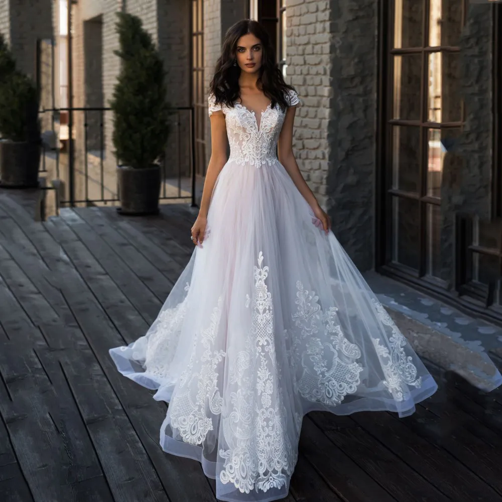 Новые Designl Appliques Кружева V-образным вырезом Шапки Рукав Tulle Beas Boho Свадебные платья 2020 Boho Bridal Pown Vestido de Noiva