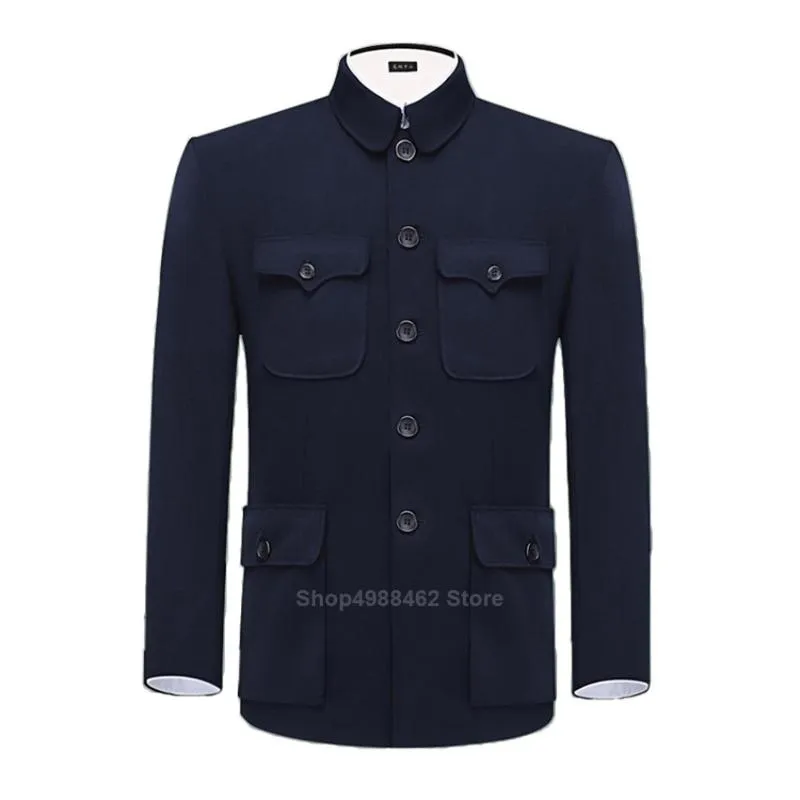 Traditional Chinese Tang Suit for Men Jacket Coat New Year Spring Festival Tunic Zhongshan Mao Suit Blazer Knitting Pockets Top3176